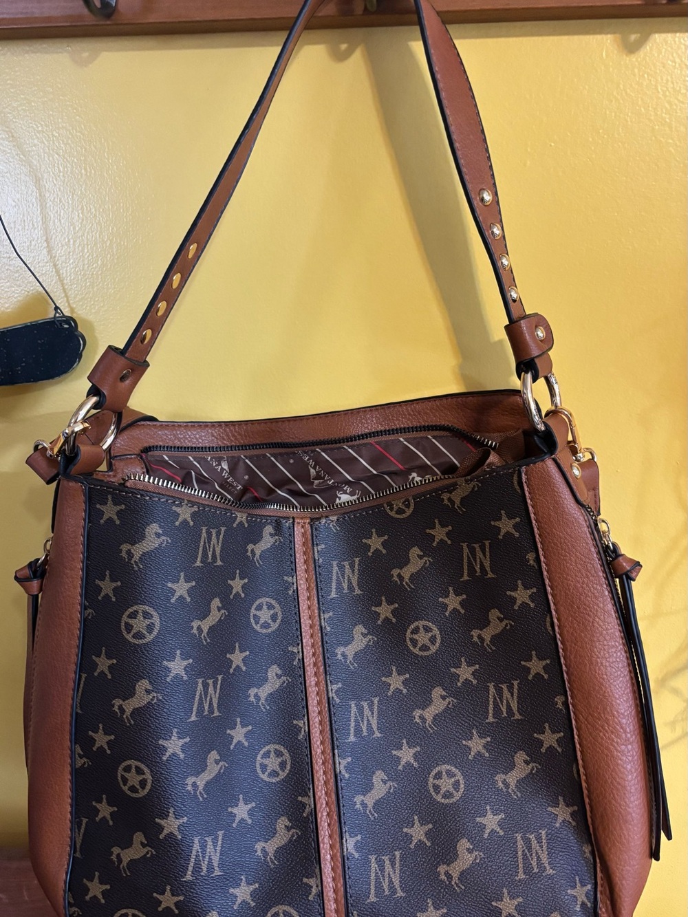Montana West Brown Patterned Shoulder Bag with Tan Trim